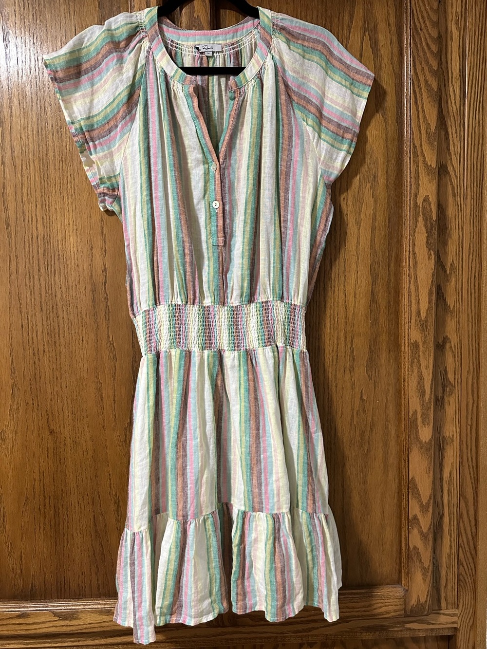 Rails Augustine Palais Stripe Pastel Smocked-Waist Mini Dress Linen Blend Sz M - Picture 15 of 15